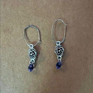 Silver Floral Drop Earrings with Blue Accents